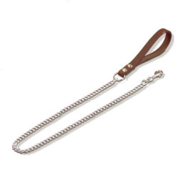Laisse longue métal chaîne cuir marron