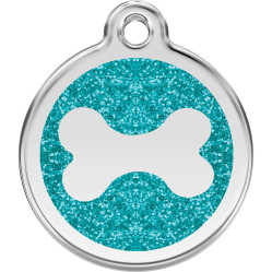 Médaille avec paillettes bleu turquoise motif Os pour chien