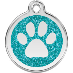 Médaille chien avec gravure : Paillettes bleue turquoise motif Patte