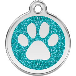 Médaille chien avec gravure : Paillettes bleue turquoise motif Patte