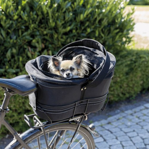 Panier arrière en osier pour chien sur porte bagage vélo
