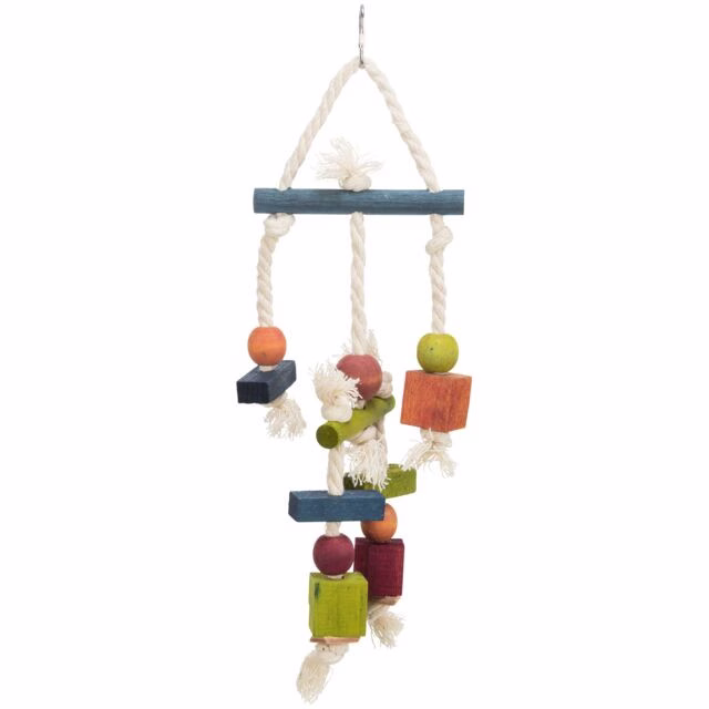Jouet oiseau bois coloré sur corde 24cm
