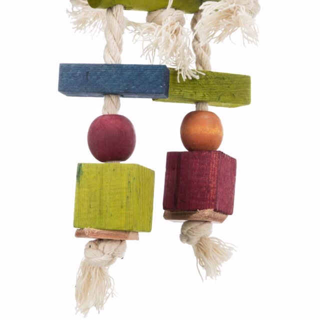 Jouet oiseau bois coloré sur corde 24cm