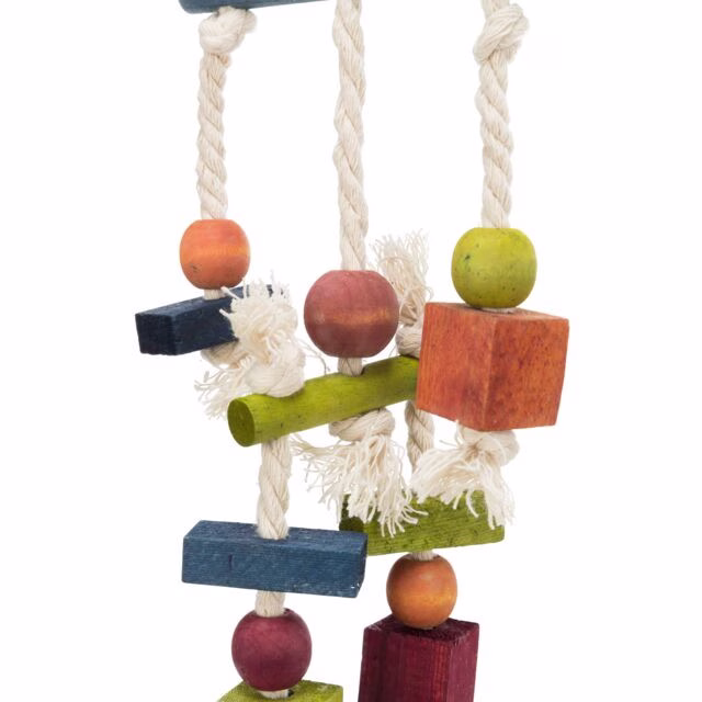Jouet oiseau bois coloré sur corde 24cm