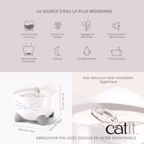 Fontaine à eau pixi chat design, acier inoxydable